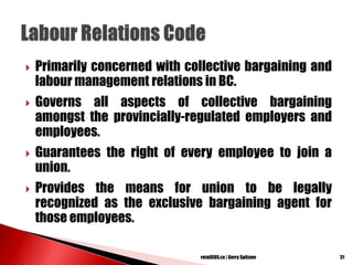  Primarily concerned with collective bargaining and
labour management relations in BC.
 Governs all aspects of collective bargaining
amongst the provincially-regulated employers and
employees.
 Guarantees the right of every employee to join a
union.
 Provides the means for union to be legally
recognized as the exclusive bargaining agent for
those employees.
31retailSOS.ca | Gerry Spitzner
 