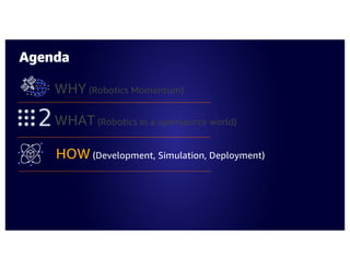 Agenda
WHY (Robotics Momentum)
WHAT (Robotics in a opensource world)
HOW (Development, Simulation, Deployment)
 
