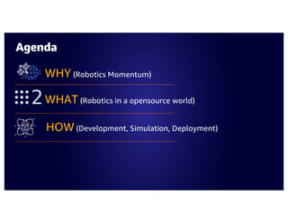 Agenda
WHY (Robotics Momentum)
WHAT (Robotics in a opensource world)
HOW (Development, Simulation, Deployment)
 