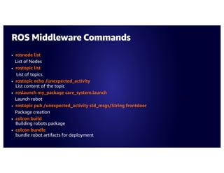 • rosnode list
List of Nodes
• rostopic list
List of topics
• rostopic echo /unexpected_activity
List content of the topic
• roslaunch my_package care_system.launch
Launch robot
• rostopic pub /unexpected_activity std_msgs/String frontdoor
Package creation
• colcon build
Building robots package
• colcon bundle
bundle robot artifacts for deployment
ROS Middleware Commands
 
