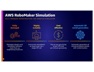AWS RoboMaker Simulation
F U L L Y M A N A G E D I N F R A S T R U C T U R E F O R R O B O T I C S S I M U L A T I O N
Managed robotics and
simulation software
stack frees up
engineering resources
Fully
managed
Concurrent simulations
at cloud scale via a
single API call
Highly
scalable
Pay-as-you-go pricing
at per-CPU and
per-minute granularity
Cost
effective
Automatic generation of
virtual simulation worlds
with randomization
Automatic 3D
world generation
 