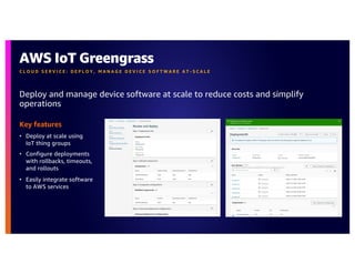 Key features
• Deploy at scale using
IoT thing groups
• Configure deployments
with rollbacks, timeouts,
and rollouts
• Easily integrate software
to AWS services
AWS IoT Greengrass
Deploy and manage device software at scale to reduce costs and simplify
operations
C L O U D S E R V I C E : D E P L O Y , M A N A G E D E V I C E S O F T W A R E A T - S C A L E
 