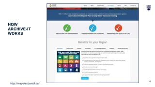 14
HOW
ARCHIVE-IT
WORKS
http://mayorscouncil.ca/
 