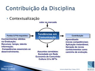 Contextualização Fontes & Pré-requisitos Tendências em Comunicação Contribuição Conhecimentos obtidos  na Graduação; Recursos: tempo, talento informação; Competências essenciais ao desenvolvimento. Aprendizado (novas competências); Aplicação instantânea; Geração de novos  conhecimentos como  caminho de evolução. valor no mercado Assuntos correlatos: Sociedade em Rede Economia de Comunhão Cultura 2.0 e NFTs 