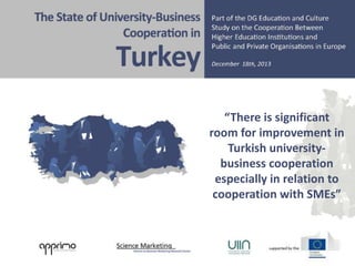 “There is significant
room for improvement in
Turkish universitybusiness cooperation
especially in relation to
cooperation with SMEs”

© Davey / Galán Muros / Meerman

1

 
