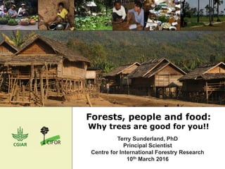 Forests, people and food:
Why trees are good for you!!
Terry Sunderland, PhD
Principal Scientist
Centre for International Forestry Research
10th March 2016
 