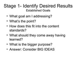 Stage 1- Identify Desired Results Established Goals What goal am I addressing? What’s the point? How does this fit into the content standards? What should they come away having learned? What is the bigger purpose? Answer: Consider BIG IDEAS 