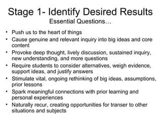 Push us to the heart of things Cause genuine and relevant inquiry into big ideas and core content Provoke deep thought, lively discussion, sustained inquiry, new understanding, and more questions Require students to consider alternatives, weigh evidence, support ideas, and justify answers Stimulate vital, ongoing rethinking of big ideas, assumptions, prior lessons Spark meaningful connections with prior learning and personal experiences Naturally recur, creating opportunities for transer to other situations and subjects Stage 1- Identify Desired Results Essential Questions… 