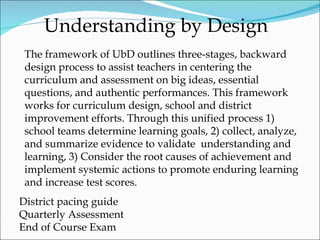 Understanding by Design District pacing guide Quarterly Assessment End of Course Exam The framework of UbD outlines three-stages, backward design process to assist teachers in centering the curriculum and assessment on big ideas, essential questions, and authentic performances. This framework works for curriculum design, school and district improvement efforts. Through this unified process 1) school teams determine learning goals, 2) collect, analyze, and summarize evidence to validate  understanding and learning, 3) Consider the root causes of achievement and implement systemic actions to promote enduring learning and increase test scores. 
