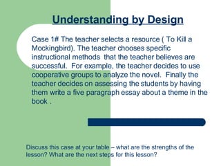 Understanding by Design Case 1# The teacher selects a resource ( To Kill a Mockingbird). The teacher chooses specific instructional methods  that the teacher believes are successful.  For example, the teacher decides to use cooperative groups to analyze the novel.  Finally the teacher decides on assessing the students by having them write a five paragraph essay about a theme in the book . Discuss this case at your table – what are the strengths of the lesson? What are the next steps for this lesson? 