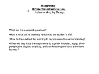 Integrating  Differentiated Instruction   Understanding by Design + <ul><li>What are the essential questions? </li></ul><u...
