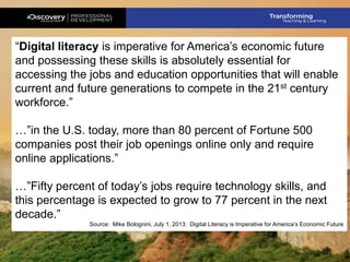 “Digital literacy is imperative for America’s economic future
and possessing these skills is absolutely essential for
accessing the jobs and education opportunities that will enable
current and future generations to compete in the 21st century
workforce.”

…”in the U.S. today, more than 80 percent of Fortune 500
companies post their job openings online only and require
online applications.”
…”Fifty percent of today’s jobs require technology skills, and
this percentage is expected to grow to 77 percent in the next
decade.”
Source: Mike Bolognini, July 1, 2013: Digital Literacy is Imperative for America’s Economic Future

 