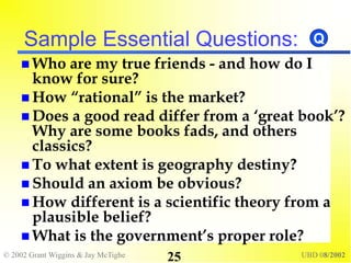 © 2002 Grant Wiggins & Jay McTighe UBD 08/2002
25
Sample Essential Questions:
 Who are my true friends - and how do I
know for sure?
 How “rational” is the market?
 Does a good read differ from a ‘great book’?
Why are some books fads, and others
classics?
 To what extent is geography destiny?
 Should an axiom be obvious?
 How different is a scientific theory from a
plausible belief?
 What is the government’s proper role?
Q
 