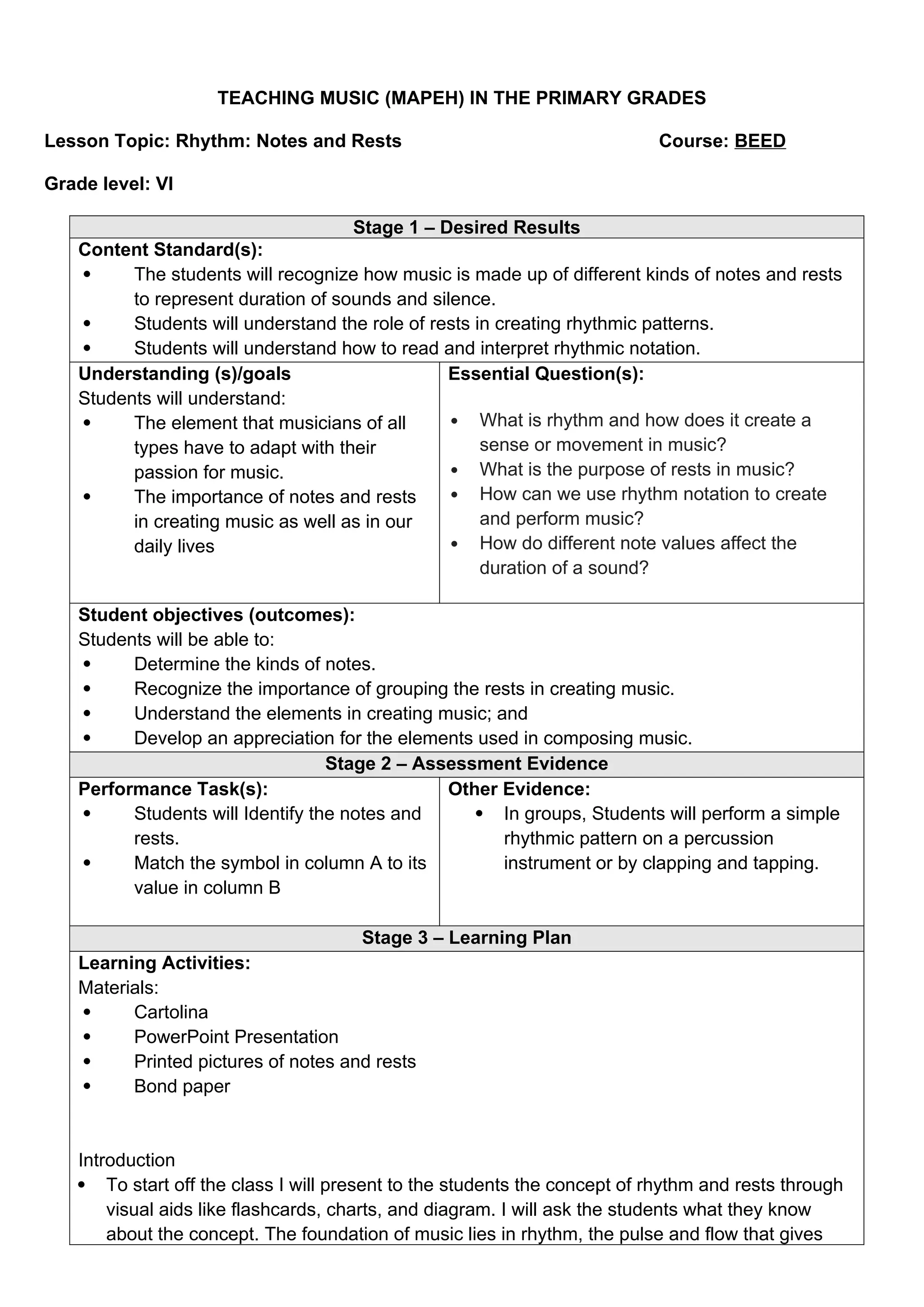 UBD Lesson Plan: Rhythm: Notes and Rests | DOCX