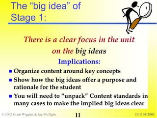 © 2002 Grant Wiggins & Jay McTighe UBD 08/2002
11
The “big idea” of
Stage 1:
There is a clear focus in the unit
on the big ideas
Implications:
 Organize content around key concepts
 Show how the big ideas offer a purpose and
rationale for the student
 You will need to “unpack” Content standards in
many cases to make the implied big ideas clear
 