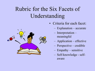 Rubric for the Six Facets of
      Understanding
              • Criteria for each facet:
                 – Explanation – accurate
                 – Interpretation –
                   meaningful
                 – Application – effective
                 – Perspective – credible
                 – Empathy – sensitive
                 – Self-knowledge - self-
                   aware
 