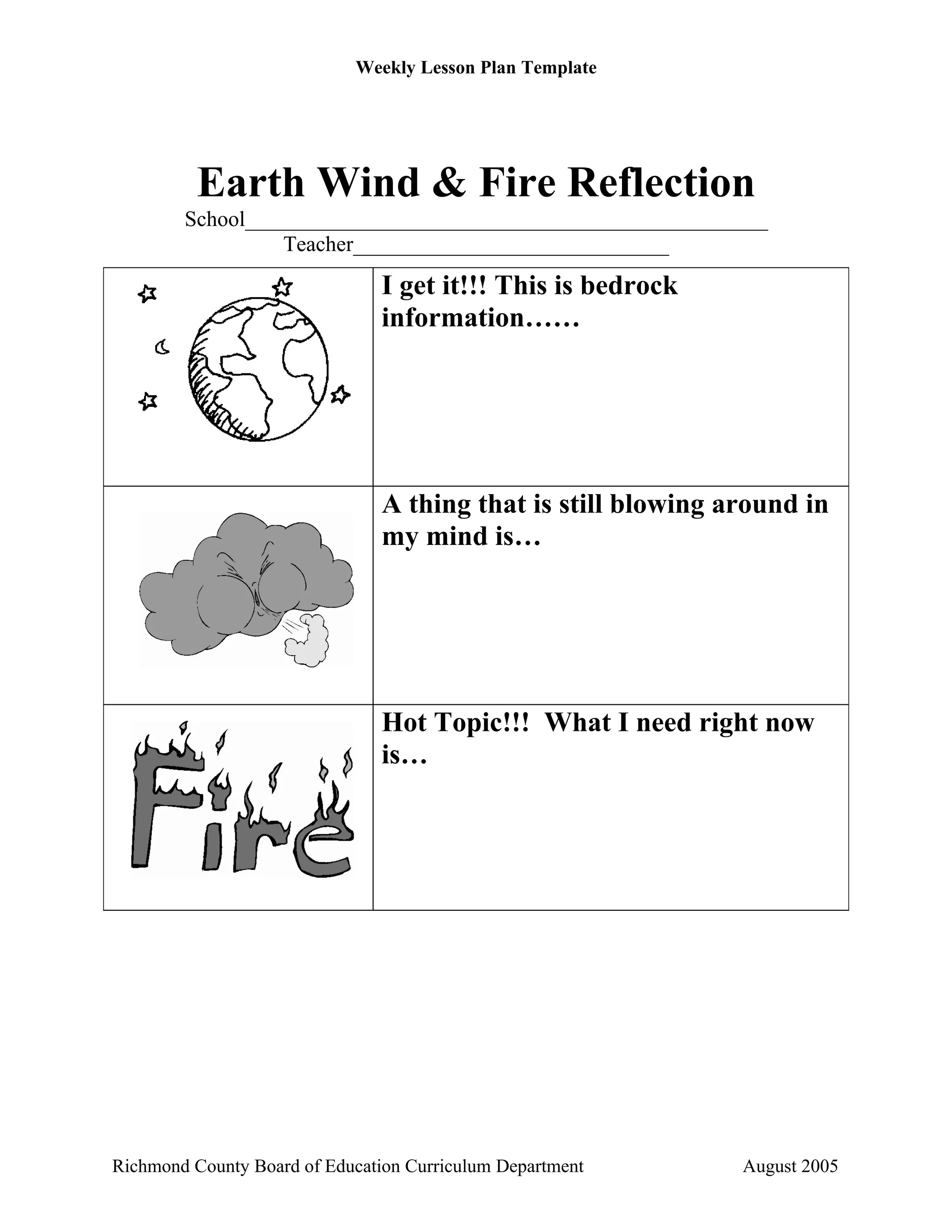 Weekly Lesson Plan Template




          Earth Wind & Fire Reflection
        School________________________________________________
                 Teacher_____________________________
                               I get it!!! This is bedrock
                               information……




                               A thing that is still blowing around in
                               my mind is…




                               Hot Topic!!! What I need right now
                               is…




Richmond County Board of Education Curriculum Department      August 2005
 