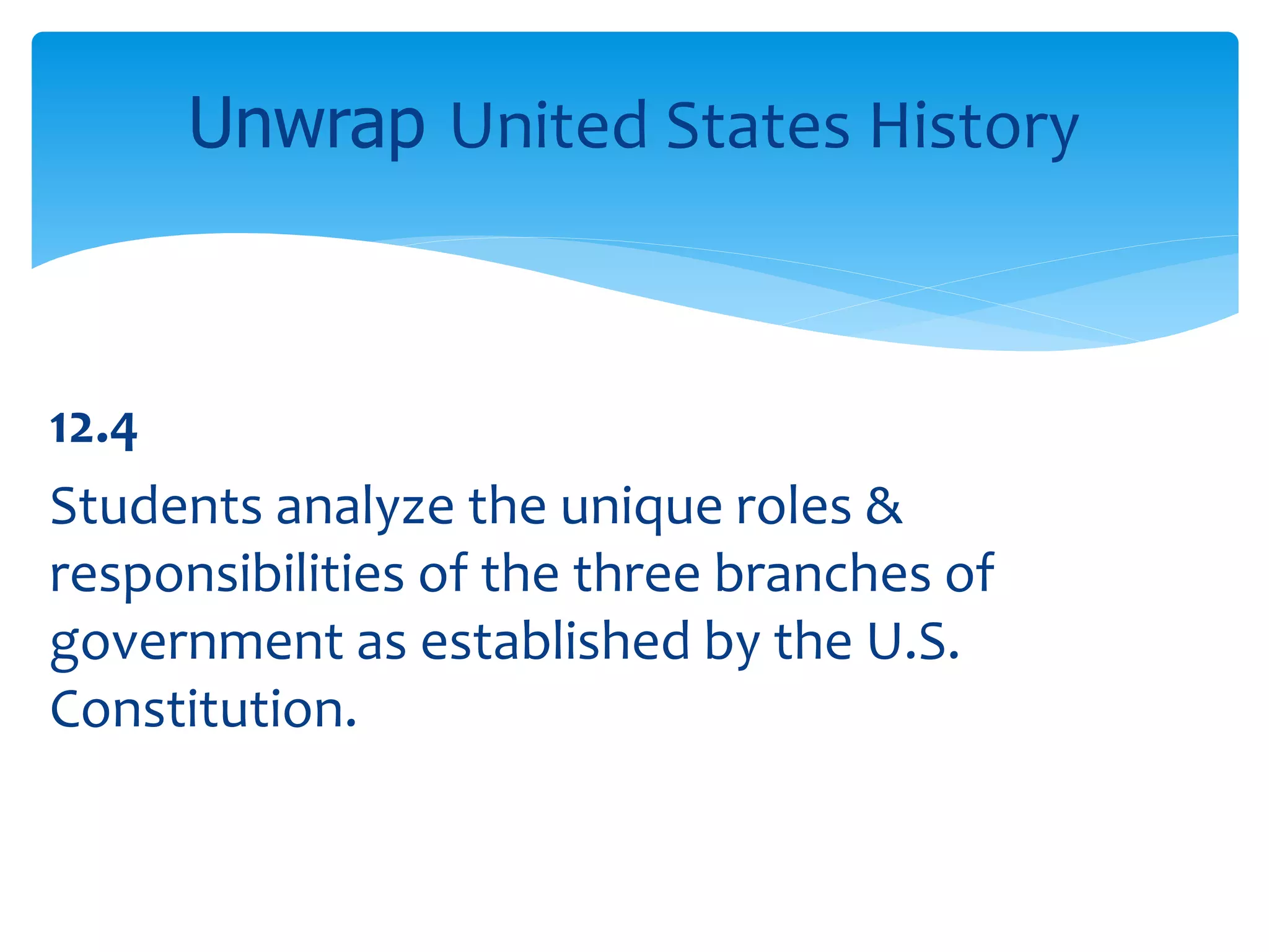 12.4
Students analyze the unique roles &
responsibilities of the three branches of
government as established by the U.S.
Constitution.
Unwrap United States History
 