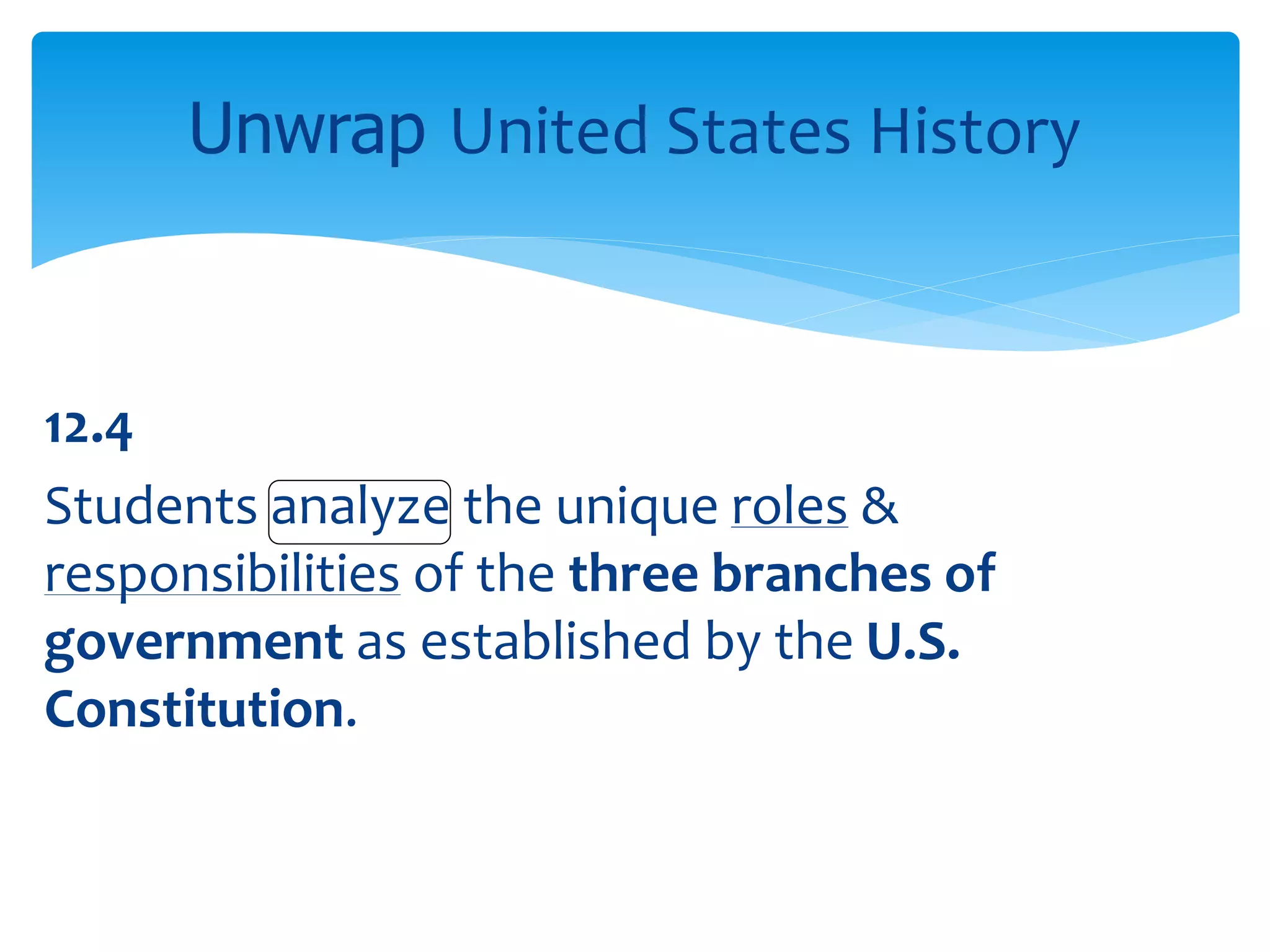 12.4
Students analyze the unique roles &
responsibilities of the three branches of
government as established by the U.S.
Constitution.
Unwrap United States History
 