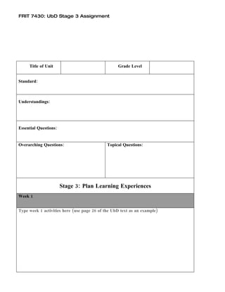 UbD stage 3 template | PDF