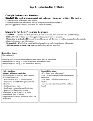 Stage 1- Understanding By Design


    Georgia Performance Standard:
    ELA4W3 The student uses research and technology to support writing. The student
    a. Acknowledges information from sources.
    b. Locates information in reference texts by using organizational features (i.e.,
    prefaces, appendices, indices, glossaries, and tables of contents).



    Standards for the 21st-Century Learners:
    Standard 1: Learners use skills, resources, & tools to inquire, think critically, and gain knowledge.
     Skill 1.1.4 Find, evaluate, and select appropriate sources to answer questions.
     Disposition in Action 1.2.2 Demonstrate confidence and self-direction by making independent choices in the
    selection of resources and information.
     Responsibility 1.3.3 Follow ethical and legal guidelines in gathering and using information.
     Self-Assessment Strategy 1.4.4 Seek appropriate help when it is needed.



Established Goals:
The student will:

- Identify type of reference materials needed to locate specific information
- Demonstrate the ability to locate information in the media center
- Demonstrate the ability to use information ethically



Understandings:                                       Essential Questions:
Students will understand that:                        - Why do we need information?
-Different types of reference books contain           - How can we use organizational tools to find
different information                                 information?                                    S
- A dictionary is used to find definitions            - How do we know that information is
- A thesaurus is used to find synonyms and            reliable?
antonyms                                              - How can we use information that we have
- An atlas contains maps                              found?
- An almanac contains facts and statistics
- An encyclopedia contains general
information on a wide variety of topics,
usually in the form of articles
-Organizational features help in the search for
information
 