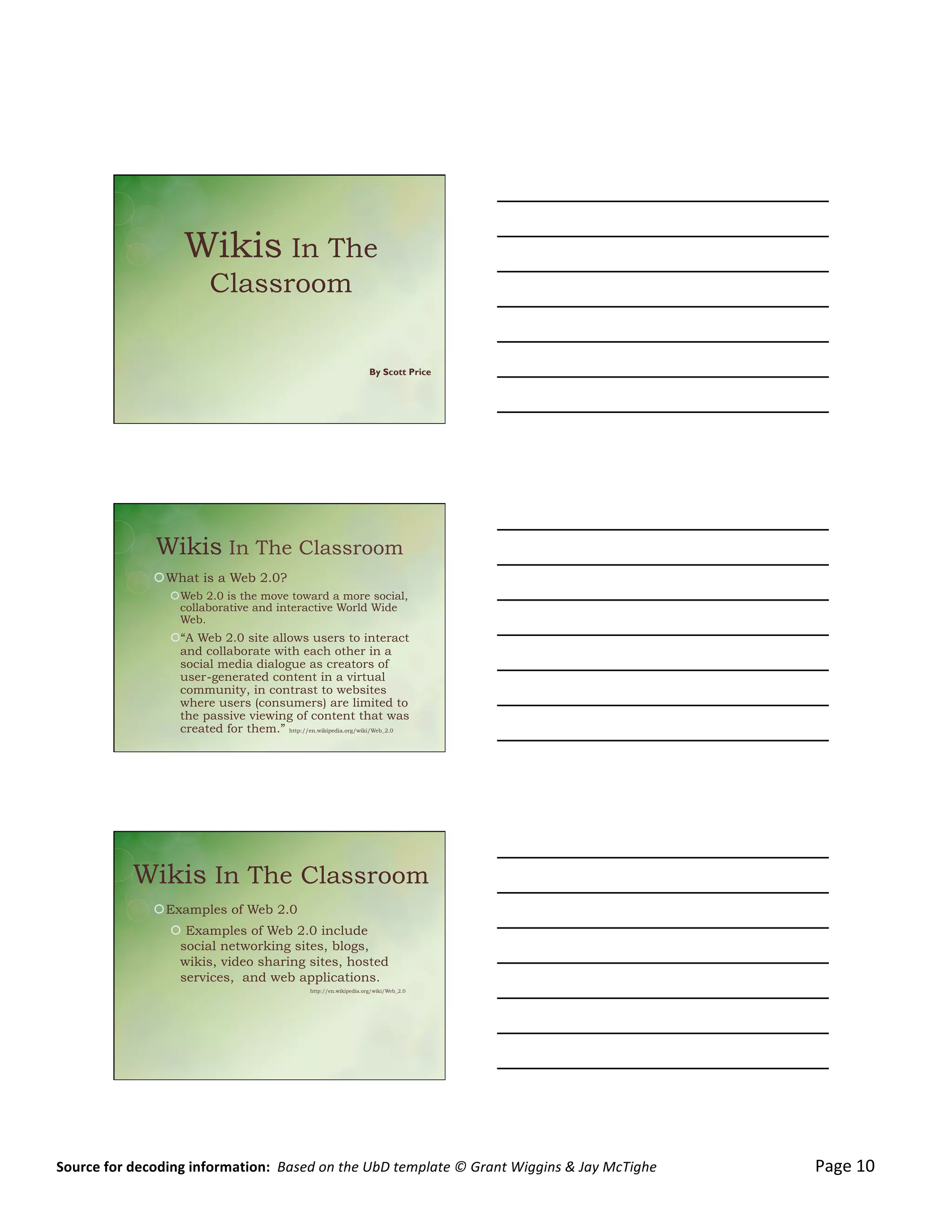  

	
                                                                                                                                                                                                                                                                                                                   4/7/12&




                                                  Wikis In The
                                                             Classroom

                                                                                                                            By Scott Price




                                       Wikis In The Classroom
                                      ! What is a Web 2.0?
                                             ! Web 2.0 is the move toward a more social,
                                               collaborative and interactive World Wide
                                               Web.
                                             ! “A Web 2.0 site allows users to interact
                                              and collaborate with each other in a
                                              social media dialogue as creators of
                                              user-generated content in a virtual
                                              community, in contrast to websites
                                              where users (consumers) are limited to
                                              the passive viewing of content that was
                                              created for them.” http://en.wikipedia.org/wiki/Web_2.0




                              Wikis In The Classroom
                                      ! Examples of Web 2.0
                                             !  Examples of Web 2.0 include
                                              social networking sites, blogs,
                                              wikis, video sharing sites, hosted
                                              services, and web applications.
                                                                                                     http://en.wikipedia.org/wiki/Web_2.0




                                                                                                                                                                                                                                                                                                                                	
  


Source	
  for	
  decoding	
  information:	
  	
  Based	
  on	
  the	
  UbD	
  template	
  ©	
  Grant	
  Wiggins	
  &	
  Jay	
  McTighe	
  	
  	
  	
  	
  	
  	
  	
  	
  	
  	
  	
  	
  	
  	
  	
  	
  	
  	
  	
  	
  	
  	
  	
  	
  	
  	
  	
  	
  	
  	
  	
  	
  	
  	
  	
  	
  	
  	
  	
  	
  	
  	
  	
  	
  Page	
  10	
  
                                                                                                                                                                                                                                                                                                                                       1&
 