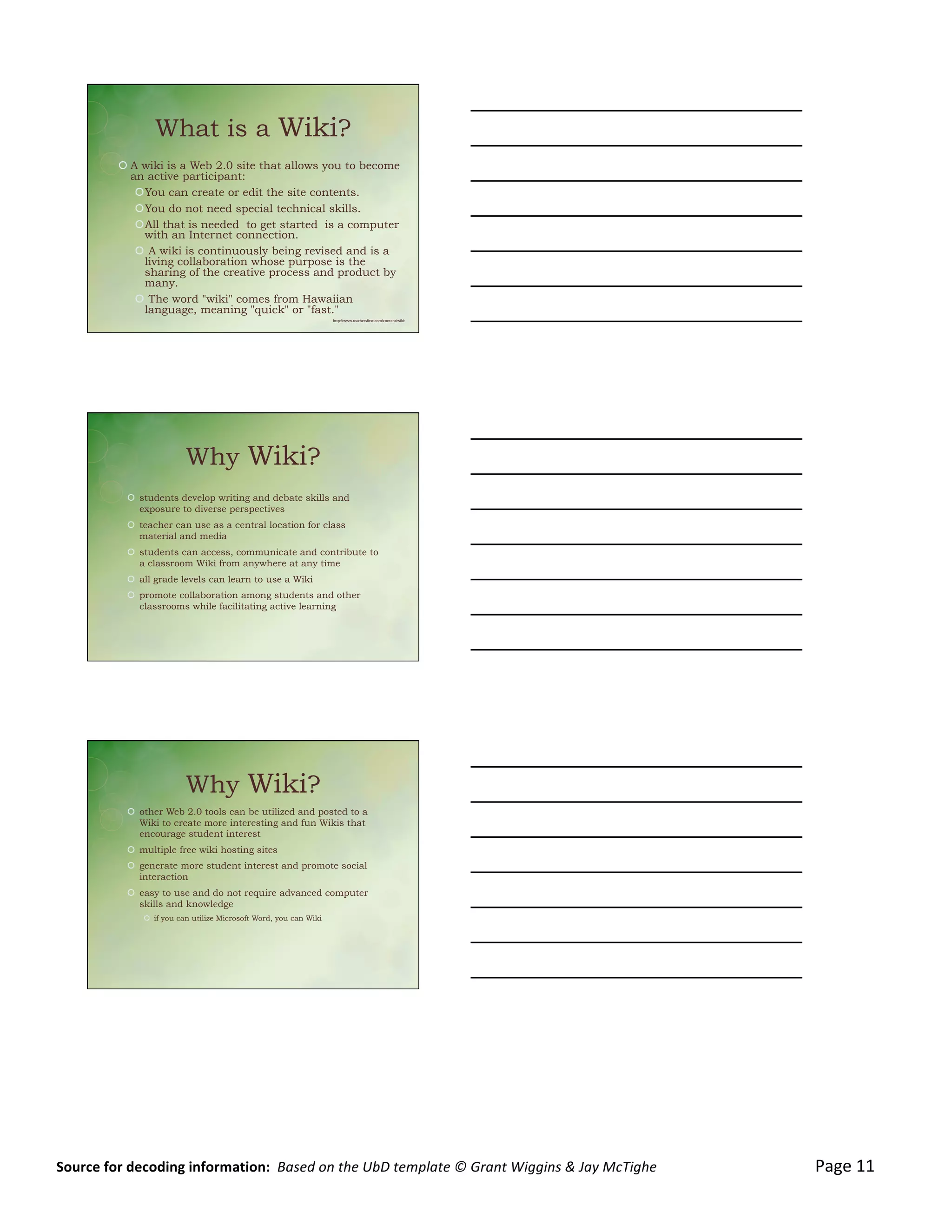 What is a Wiki?
                        ! A wiki is a Web 2.0 site that allows you to become
                          an active participant:
                           ! You can create or edit the site contents.
                           ! You do not need special technical skills.
                           ! All that is needed to get started is a computer
                             with an Internet connection.
                           !  A wiki is continuously being revised and is a
                             living collaboration whose purpose is the
                             sharing of the creative process and product by
                             many.
                           !  The word "wiki" comes from Hawaiian
                             language, meaning "quick" or "fast."
                                                                                                              http://www.teachersfirst.com/content/wiki/




                                                   Why Wiki?
                            !  students develop writing and debate skills and
                               exposure to diverse perspectives
                            !  teacher can use as a central location for class
                               material and media
                            !  students can access, communicate and contribute to
                               a classroom Wiki from anywhere at any time
                            !  all grade levels can learn to use a Wiki
                            !  promote collaboration among students and other
                               classrooms while facilitating active learning




                                                   Why Wiki?
                            !  other Web 2.0 tools can be utilized and posted to a
                               Wiki to create more interesting and fun Wikis that
                               encourage student interest
                            !  multiple free wiki hosting sites
                            !  generate more student interest and promote social
                               interaction
                            !  easy to use and do not require advanced computer
                               skills and knowledge
                                  !  if you can utilize Microsoft Word, you can Wiki




                                                                                                                                                                                                                                                                                                                          	
  
	
  

	
                                                                                                                                                                                                                                                                                                                               2&
	
  


Source	
  for	
  decoding	
  information:	
  	
  Based	
  on	
  the	
  UbD	
  template	
  ©	
  Grant	
  Wiggins	
  &	
  Jay	
  McTighe	
  	
  	
  	
  	
  	
  	
  	
  	
  	
  	
  	
  	
  	
  	
  	
  	
  	
  	
  	
  	
  	
  	
  	
  	
  	
  	
  	
  	
  	
  	
  	
  	
  	
  	
  	
  	
  	
  	
  	
  	
  	
  	
  	
  	
  Page	
  11	
  
 