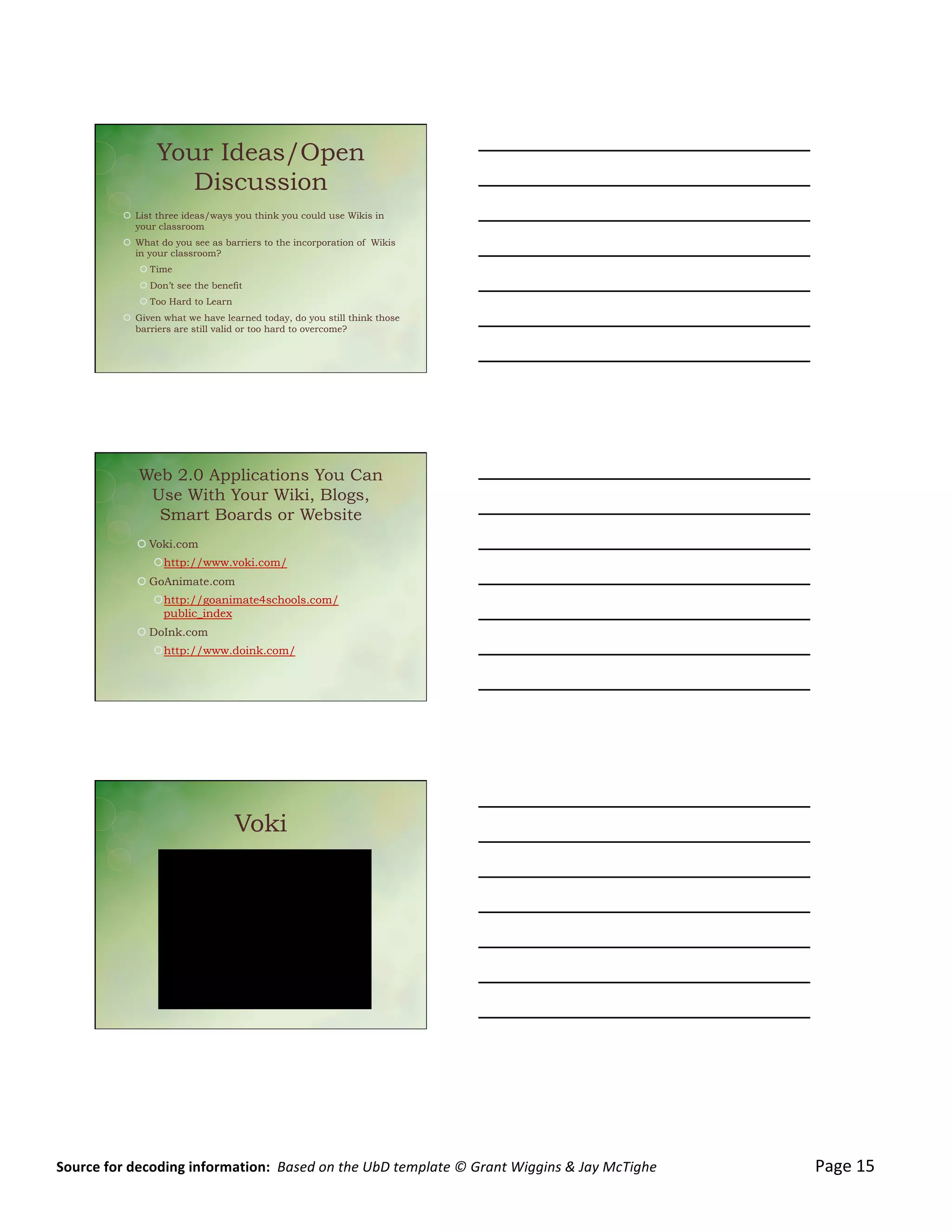 4/7/12&
	
  




                                        Your Ideas/Open
                                           Discussion
                          !  List three ideas/ways you think you could use Wikis in
                             your classroom
                          !  What do you see as barriers to the incorporation of Wikis
                             in your classroom?
                                 ! Time
                                 ! Don’t see the benefit
                                 ! Too Hard to Learn
                          !  Given what we have learned today, do you still think those
                             barriers are still valid or too hard to overcome?




                                Web 2.0 Applications You Can
                                 Use With Your Wiki, Blogs,
                                  Smart Boards or Website
                                ! Voki.com
                                      ! http://www.voki.com/
                                ! GoAnimate.com
                                      ! http://goanimate4schools.com/
                                        public_index
                                ! DoInk.com
                                      ! http://www.doink.com/




                                                                       Voki




                                                                                                                                                                                                                                                                                                                          	
  
	
  

	
  
                                                                                                                                                                                                                                                                                                                                 6&

Source	
  for	
  decoding	
  information:	
  	
  Based	
  on	
  the	
  UbD	
  template	
  ©	
  Grant	
  Wiggins	
  &	
  Jay	
  McTighe	
  	
  	
  	
  	
  	
  	
  	
  	
  	
  	
  	
  	
  	
  	
  	
  	
  	
  	
  	
  	
  	
  	
  	
  	
  	
  	
  	
  	
  	
  	
  	
  	
  	
  	
  	
  	
  	
  	
  	
  	
  	
  	
  	
  	
  Page	
  15	
  
 