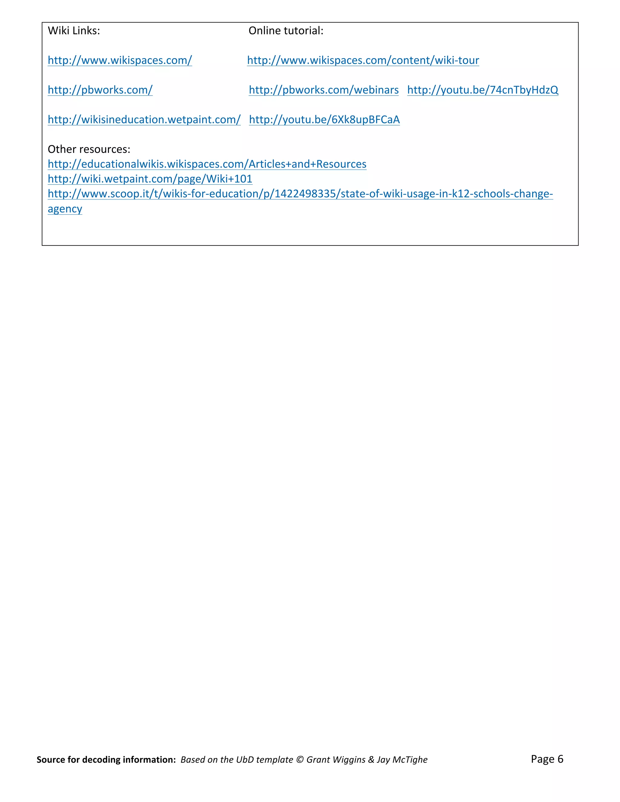 Wiki	
  Links:	
  	
  	
  	
  	
  	
  	
  	
  	
  	
  	
  	
  	
  	
  	
  	
  	
  	
  	
  	
  	
  	
  	
  	
  	
  	
  	
  	
  	
  	
  	
  	
  	
  	
  	
  	
  	
  	
  	
  	
  	
  	
  	
  	
  	
  	
  	
  	
  	
  	
  	
  	
  	
  	
  Online	
  tutorial:	
  
      	
  
      http://www.wikispaces.com/	
  	
  	
  	
  	
  	
  	
  	
  	
  	
  	
  	
  	
  	
  	
  	
  	
  	
  	
  	
  http://www.wikispaces.com/content/wiki-­‐tour	
  
      	
  	
  	
  	
  	
  	
  	
  	
  	
  	
  	
  	
  	
  	
  	
  	
  	
  	
  	
  	
  	
  	
  	
  	
  	
  	
  	
  	
  	
  	
  
      http://pbworks.com/	
  	
  	
  	
  	
  	
  	
  	
  	
  	
  	
  	
  	
  	
  	
  	
  	
  	
  	
  	
  	
  	
  	
  	
  	
  	
  	
  	
  	
  	
  	
  	
  	
  	
  	
  http://pbworks.com/webinars	
  	
  	
  http://youtu.be/74cnTbyHdzQ	
  
      	
  
      http://wikisineducation.wetpaint.com/	
  	
  	
  http://youtu.be/6Xk8upBFCaA	
  
      	
  
      Other	
  resources:	
  
      http://educationalwikis.wikispaces.com/Articles+and+Resources	
  
      http://wiki.wetpaint.com/page/Wiki+101	
  
      http://www.scoop.it/t/wikis-­‐for-­‐education/p/1422498335/state-­‐of-­‐wiki-­‐usage-­‐in-­‐k12-­‐schools-­‐change-­‐
      agency	
  
      	
  
      	
  




Source	
  for	
  decoding	
  information:	
  	
  Based	
  on	
  the	
  UbD	
  template	
  ©	
  Grant	
  Wiggins	
  &	
  Jay	
  McTighe	
  	
  	
  	
  	
  	
  	
  	
  	
  	
  	
  	
  	
  	
  	
  	
  	
  	
  	
  	
  	
  	
  	
  	
  	
  	
  	
  	
  	
  	
  	
  	
  	
  	
  	
  	
  	
  	
  	
  	
  	
  	
  	
  	
  	
  Page	
  6	
  
 