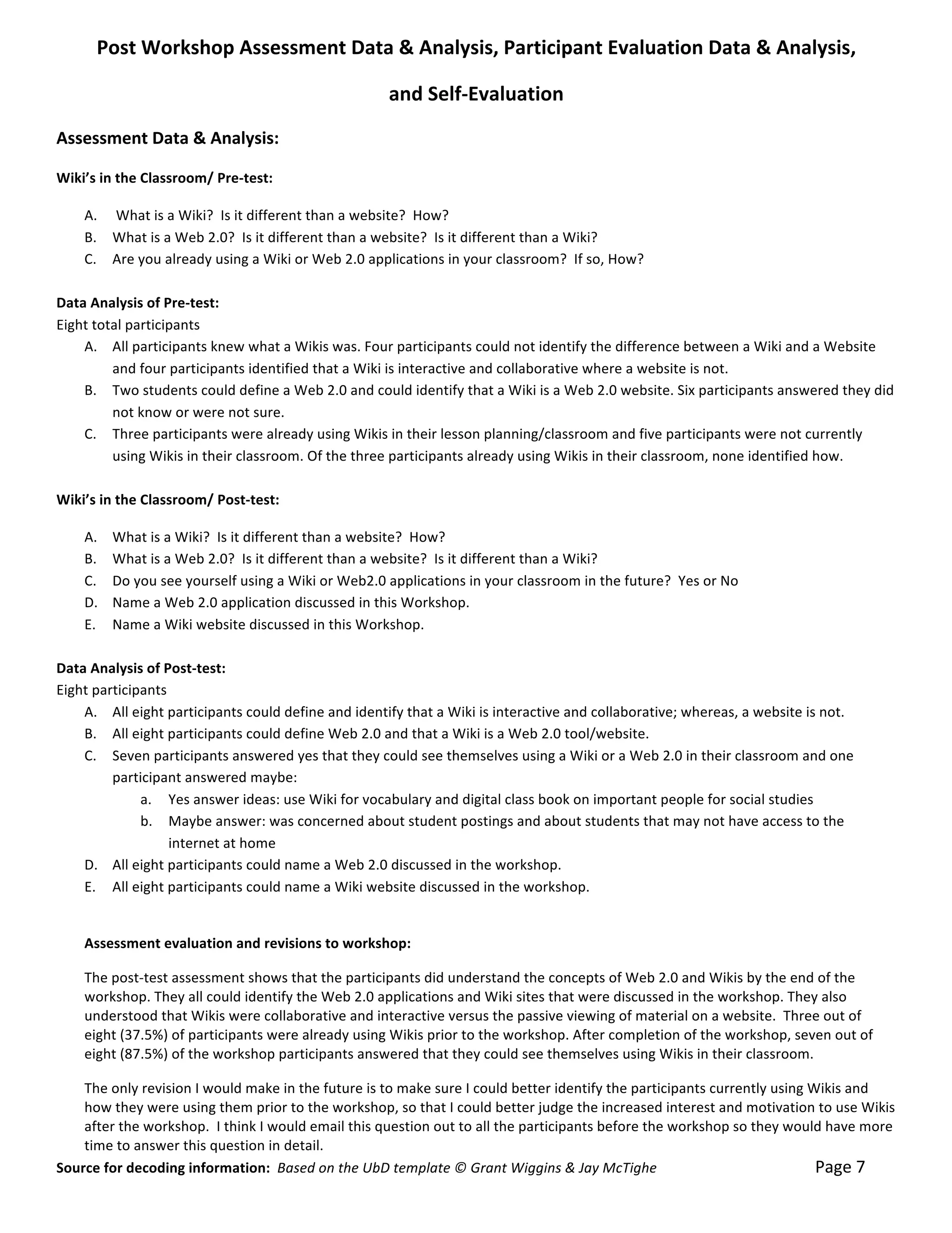 Post	
  Workshop	
  Assessment	
  Data	
  &	
  Analysis,	
  Participant	
  Evaluation	
  Data	
  &	
  Analysis,	
  	
  

                                                                                                                                 and	
  Self-­‐Evaluation	
  
Assessment	
  Data	
  &	
  Analysis:	
  

Wiki’s	
  in	
  the	
  Classroom/	
  Pre-­‐test:	
  

     A. 	
  What	
  is	
  a	
  Wiki?	
  	
  Is	
  it	
  different	
  than	
  a	
  website?	
  	
  How?	
  
     B. What	
  is	
  a	
  Web	
  2.0?	
  	
  Is	
  it	
  different	
  than	
  a	
  website?	
  	
  Is	
  it	
  different	
  than	
  a	
  Wiki?	
  
     C. Are	
  you	
  already	
  using	
  a	
  Wiki	
  or	
  Web	
  2.0	
  applications	
  in	
  your	
  classroom?	
  	
  If	
  so,	
  How?	
  
             	
  
Data	
  Analysis	
  of	
  Pre-­‐test:	
  
Eight	
  total	
  participants	
  
     A. All	
  participants	
  knew	
  what	
  a	
  Wikis	
  was.	
  Four	
  participants	
  could	
  not	
  identify	
  the	
  difference	
  between	
  a	
  Wiki	
  and	
  a	
  Website	
  
             and	
  four	
  participants	
  identified	
  that	
  a	
  Wiki	
  is	
  interactive	
  and	
  collaborative	
  where	
  a	
  website	
  is	
  not.	
  
     B. Two	
  students	
  could	
  define	
  a	
  Web	
  2.0	
  and	
  could	
  identify	
  that	
  a	
  Wiki	
  is	
  a	
  Web	
  2.0	
  website.	
  Six	
  participants	
  answered	
  they	
  did	
  
             not	
  know	
  or	
  were	
  not	
  sure.	
  
     C. Three	
  participants	
  were	
  already	
  using	
  Wikis	
  in	
  their	
  lesson	
  planning/classroom	
  and	
  five	
  participants	
  were	
  not	
  currently	
  
             using	
  Wikis	
  in	
  their	
  classroom.	
  Of	
  the	
  three	
  participants	
  already	
  using	
  Wikis	
  in	
  their	
  classroom,	
  none	
  identified	
  how.	
  
	
  
Wiki’s	
  in	
  the	
  Classroom/	
  Post-­‐test:	
  

          A.         What	
  is	
  a	
  Wiki?	
  	
  Is	
  it	
  different	
  than	
  a	
  website?	
  	
  How?	
  
          B.         What	
  is	
  a	
  Web	
  2.0?	
  	
  Is	
  it	
  different	
  than	
  a	
  website?	
  	
  Is	
  it	
  different	
  than	
  a	
  Wiki?	
  
          C.         Do	
  you	
  see	
  yourself	
  using	
  a	
  Wiki	
  or	
  Web2.0	
  applications	
  in	
  your	
  classroom	
  in	
  the	
  future?	
  	
  Yes	
  or	
  No	
  
          D.         Name	
  a	
  Web	
  2.0	
  application	
  discussed	
  in	
  this	
  Workshop.	
  
          E.         Name	
  a	
  Wiki	
  website	
  discussed	
  in	
  this	
  Workshop.	
  
	
  
Data	
  Analysis	
  of	
  Post-­‐test:	
  
Eight	
  participants	
  
     A. All	
  eight	
  participants	
  could	
  define	
  and	
  identify	
  that	
  a	
  Wiki	
  is	
  interactive	
  and	
  collaborative;	
  whereas,	
  a	
  website	
  is	
  not.	
  
     B. All	
  eight	
  participants	
  could	
  define	
  Web	
  2.0	
  and	
  that	
  a	
  Wiki	
  is	
  a	
  Web	
  2.0	
  tool/website.	
  
     C. Seven	
  participants	
  answered	
  yes	
  that	
  they	
  could	
  see	
  themselves	
  using	
  a	
  Wiki	
  or	
  a	
  Web	
  2.0	
  in	
  their	
  classroom	
  and	
  one	
  
            participant	
  answered	
  maybe:	
  
                 a. Yes	
  answer	
  ideas:	
  use	
  Wiki	
  for	
  vocabulary	
  and	
  digital	
  class	
  book	
  on	
  important	
  people	
  for	
  social	
  studies	
  	
  
                 b. Maybe	
  answer:	
  was	
  concerned	
  about	
  student	
  postings	
  and	
  about	
  students	
  that	
  may	
  not	
  have	
  access	
  to	
  the	
  
                           internet	
  at	
  home	
  
     D. All	
  eight	
  participants	
  could	
  name	
  a	
  Web	
  2.0	
  discussed	
  in	
  the	
  workshop.	
  
     E. All	
  eight	
  participants	
  could	
  name	
  a	
  Wiki	
  website	
  discussed	
  in	
  the	
  workshop.	
  
	
  

          Assessment	
  evaluation	
  and	
  revisions	
  to	
  workshop:	
  

          The	
  post-­‐test	
  assessment	
  shows	
  that	
  the	
  participants	
  did	
  understand	
  the	
  concepts	
  of	
  Web	
  2.0	
  and	
  Wikis	
  by	
  the	
  end	
  of	
  the	
  
          workshop.	
  They	
  all	
  could	
  identify	
  the	
  Web	
  2.0	
  applications	
  and	
  Wiki	
  sites	
  that	
  were	
  discussed	
  in	
  the	
  workshop.	
  They	
  also	
  
          understood	
  that	
  Wikis	
  were	
  collaborative	
  and	
  interactive	
  versus	
  the	
  passive	
  viewing	
  of	
  material	
  on	
  a	
  website.	
  	
  Three	
  out	
  of	
  
          eight	
  (37.5%)	
  of	
  participants	
  were	
  already	
  using	
  Wikis	
  prior	
  to	
  the	
  workshop.	
  After	
  completion	
  of	
  the	
  workshop,	
  seven	
  out	
  of	
  
          eight	
  (87.5%)	
  of	
  the	
  workshop	
  participants	
  answered	
  that	
  they	
  could	
  see	
  themselves	
  using	
  Wikis	
  in	
  their	
  classroom.	
  	
  	
  

    The	
  only	
  revision	
  I	
  would	
  make	
  in	
  the	
  future	
  is	
  to	
  make	
  sure	
  I	
  could	
  better	
  identify	
  the	
  participants	
  currently	
  using	
  Wikis	
  and	
  
    how	
  they	
  were	
  using	
  them	
  prior	
  to	
  the	
  workshop,	
  so	
  that	
  I	
  could	
  better	
  judge	
  the	
  increased	
  interest	
  and	
  motivation	
  to	
  use	
  Wikis	
  
    after	
  the	
  workshop.	
  	
  I	
  think	
  I	
  would	
  email	
  this	
  question	
  out	
  to	
  all	
  the	
  participants	
  before	
  the	
  workshop	
  so	
  they	
  would	
  have	
  more	
  
    time	
  to	
  answer	
  this	
  question	
  in	
  detail.	
  
Source	
  for	
  decoding	
  information:	
  	
  Based	
  on	
  the	
  UbD	
  template	
  ©	
  Grant	
  Wiggins	
  &	
  Jay	
  McTighe	
  	
  	
  	
  	
  	
  	
  	
  	
  	
  	
  	
  	
  	
  	
  	
  	
  	
  	
  	
  	
  	
  	
  	
  	
  	
  	
  	
  	
  	
  	
  	
  	
  	
  	
  	
  	
  	
  	
  	
  	
  	
  	
  	
  	
  Page	
  7	
  
 