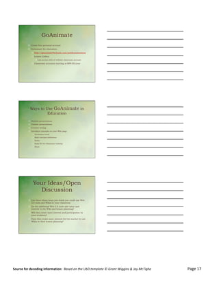 4/7/12&
	
  




                                                 GoAnimate
                         !  Create free personal account
                         !  GoAnimate for education:
                                ! http://goanimate4schools.com/publicanimations
                                ! Lesson Gallery
                                       ! Can access with or without classroom account
                                ! Classroom accounts starting at $99.00/year




                             Ways to Use GoAnimate in
                                      Education
                          !  Student presentations
                          !  Teacher presentations
                          !  Creative writing
                          !  Introduce concepts on your Wiki page:
                                 !  Vocabulary words
                                 !  Math concepts/definitions
                                 !  Books
                                 !  Rules for the classroom/ bullying
                                 !  Music




                                  Your Ideas/Open
                                     Discussion
                          !  List three ideas/ways you think you could use Web
                             2.0 tools and Wikis in your classroom
                          !  Do the additional Web 2.0 tools add value and
                             interest to the Wiki and lesson planning?
                          !  Will this create more interest and participation by
                             your students?
                          !  Does this create more interest for the teacher to use
                             Wikis in their lesson planning?




                                                                                                                                                                                                                                                                                                                     	
  
	
  

	
                                                                                                                                                                                                                                                                                                                          8&
	
  
Source	
  for	
  decoding	
  information:	
  	
  Based	
  on	
  the	
  UbD	
  template	
  ©	
  Grant	
  Wiggins	
  &	
  Jay	
  McTighe	
  	
  	
  	
  	
  	
  	
  	
  	
  	
  	
  	
  	
  	
  	
  	
  	
  	
  	
  	
  	
  	
  	
  	
  	
  	
  	
  	
  	
  	
  	
  	
  	
  	
  	
  	
  	
  	
  	
  	
  	
  	
  	
  	
  	
  Page	
  17	
  
 