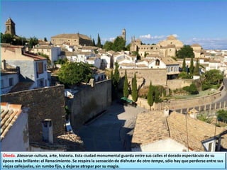 Úbeda. Atesoran cultura, arte, historia. Esta ciudad monumental guarda entre sus calles el dorado espectáculo de su
época más brillante: el Renacimiento. Se respira la sensación de disfrutar de otro tempo, sólo hay que perderse entre sus
viejas callejuelas, sin rumbo fijo, y dejarse atrapar por su magia.
 