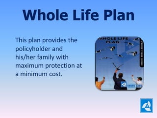 Whole Life Plan
This plan provides the
policyholder and
his/her family with
maximum protection at
a minimum cost.
 
