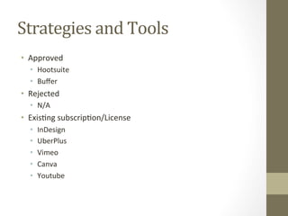Strategies	and	Tools	
•  Approved		
•  Hootsuite	
•  Buﬀer	
•  Rejected		
•  N/A	
•  Exis8ng	subscrip8on/License	
•  InDesign	
•  UberPlus	
•  Vimeo		
•  Canva	
•  Youtube	
 