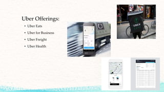 Uber Offerings:
• Uber Eats
• Uber for Business
• Uber Freight
• Uber Health
 