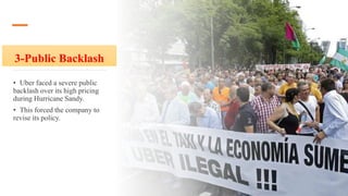 3-Public Backlash
• Uber faced a severe public
backlash over its high pricing
during Hurricane Sandy.
• This forced the company to
revise its policy.
 