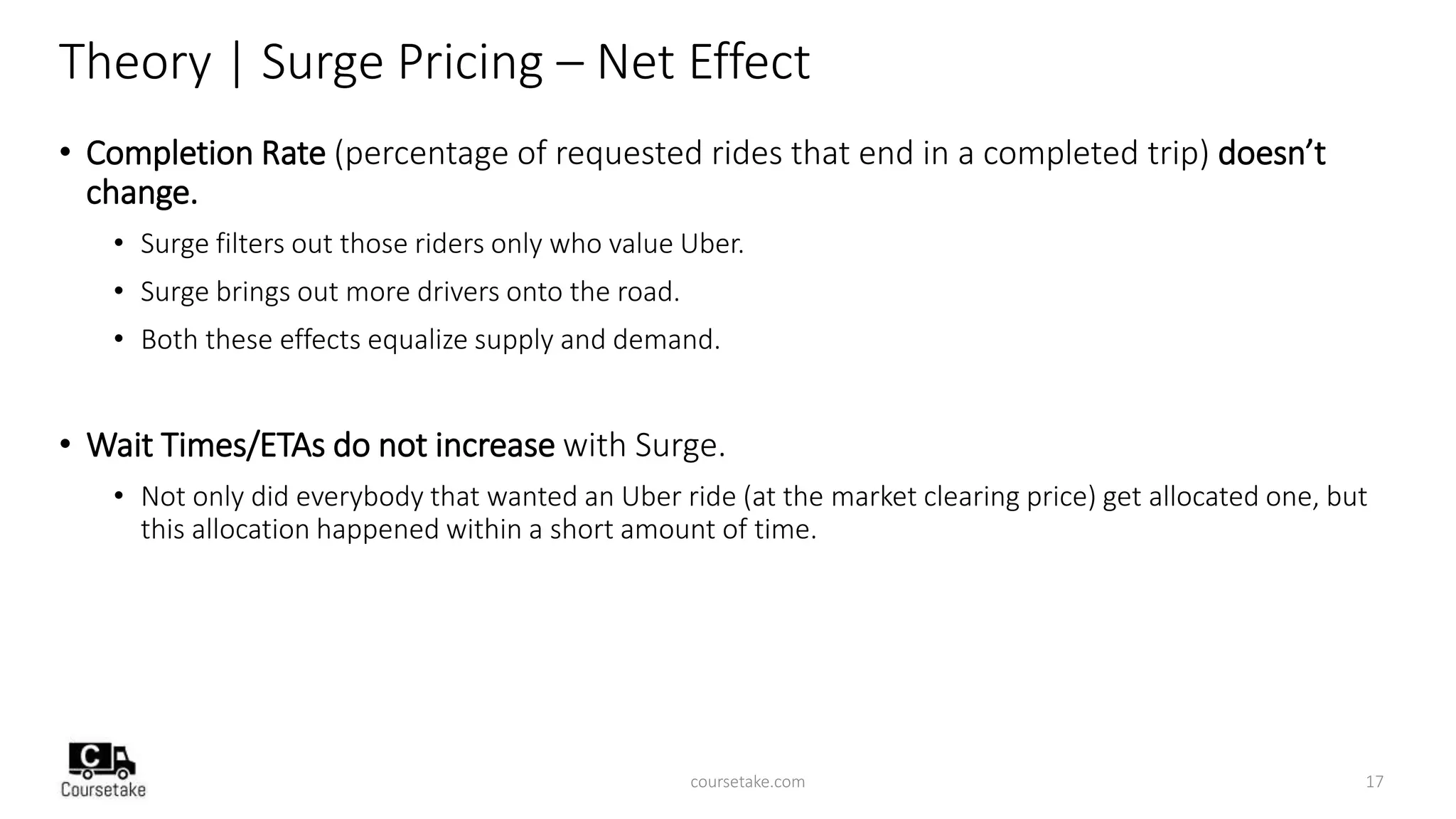 Theory | Surge Pricing – Net Effect
• Completion Rate (percentage of requested rides that end in a completed trip) doesn’t
change.
• Surge filters out those riders only who value Uber.
• Surge brings out more drivers onto the road.
• Both these effects equalize supply and demand.
• Wait Times/ETAs do not increase with Surge.
• Not only did everybody that wanted an Uber ride (at the market clearing price) get allocated one, but
this allocation happened within a short amount of time.
coursetake.com 17
 