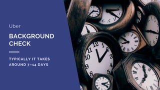BACKGROUND
CHECK
Uber
TYPICALLY IT TAKES
AROUND 7–14 DAYS
 