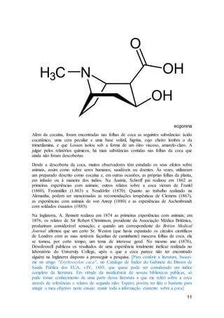 11
ecgonina
Além da cocaína, foram encontradas nas folhas de coca as seguintes substâncias: ácido
cocatânico, uma cera peculiar e uma base volátil, higrina, cujo cheiro lembra o da
trimetilamina, e que Lossen isolou sob a forma de um óleo viscoso, amarelo-claro. A
julgar pelos relatórios químicos, há mais substâncias contidas nas folhas da coca que
ainda não foram descobertas.
Desde a descoberta da coca, muitos observadores têm estudado os seus efeitos sobre
animais, assim como sobre seres humanos, saudáveis ou doentes. Às vezes, utilizaram
um preparado descrito como cocaína e, em outras ocasiões, as próprias folhas da planta,
em infusão ou à maneira dos índios. Na Áustria, Schroff pai realizou em 1862 as
primeiras experiências com animais; outros relatos sobre a coca vieram de Frankl
(1860), Fronmüller (1.863) e Neudörfer (1870). Quanto ao trabalho realizado na
Alemanha, podem ser mencionadas as recomendações terapêuticas de Clemens (1867),
as experiências com animais de von Anrep (1880) e as experiências de Aschenbrandt
com soldados exaustos (1883).
Na Inglaterra, A. Bennett realizou em 1874 as primeiras experiências com animais; em
1876, os relatos de Sir Robert Christinson, presidente da Associação Médica Britânica,
produziram considerável sensação; e quando um correspondente do Britisn Medical
Journal afirmou que um certo Sr. Weston (que havia espantado os círculos científicos
de Londres com as suas notáveis façanhas de caminhante) mascava folhas de coca, ela
se tomou, por certo tempo, um tema de interesse geral. No mesmo ano (1876),
Dowdeswell publicou os resultados de uma experiência totalmente ineficaz realizada no
laboratório do University College, após o que a coca parece não ter encontrado
alguém na Inglaterra disposto a prosseguir a pesquisa. [Para conferir a literatura, baseei-
me no artigo "Erythroxylon caca", no Catálogo de Índice do Gabinete do Diretor de
Saúde Pública dos EUA, v.IV, 1883, que quase pode ser considerado um índice
completo da literatura. Em virtude da insuficiência de nossas bibliotecas públicas, só
pude tomar conhecimento de uma parte dessa literatura a que me referi sobre a coca
através de referências e relatos de segunda mão. Espero, porém, ter lido o bastante para
atingir o meu objetivo neste ensaio: reunir toda a informação existente sobre a coca]
 