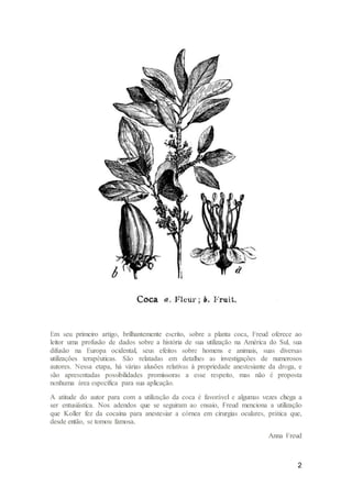 2
Em seu primeiro artigo, brilhantemente escrito, sobre a planta coca, Freud oferece ao
leitor uma profusão de dados sobre a história de sua utilização na América do Sul, sua
difusão na Europa ocidental, seus efeitos sobre homens e animais, suas diversas
utilizações terapêuticas. São relatadas em detalhes as investigações de numerosos
autores. Nessa etapa, há várias alusões relativas à propriedade anestesiante da droga, e
são apresentadas possibilidades promissoras a esse respeito, mas não é proposta
nenhuma área específica para sua aplicação.
A atitude do autor para com a utilização da coca é favorável e algumas vezes chega a
ser entusiástica. Nos adendos que se seguiram ao ensaio, Freud menciona a utilização
que Koller fez da cocaína para anestesiar a córnea em cirurgias oculares, prática que,
desde então, se tomou famosa.
Anna Freud
 