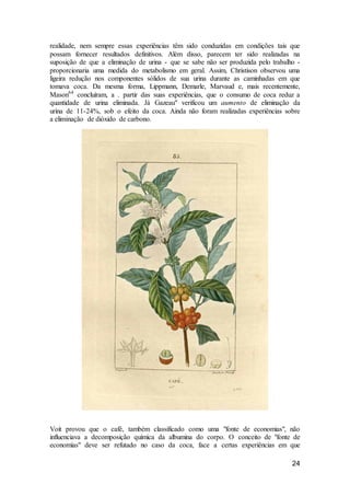 24
realidade, nem sempre essas experiências têm sido conduzidas em condições tais que
possam fornecer resultados definitivos. Além disso, parecem ter sido realizadas na
suposição de que a eliminação de urina - que se sabe não ser produzida pelo trabalho -
proporcionaria uma medida do metabolismo em geral. Assim, Christison observou uma
ligeira redução nos componentes sólidos de sua urina durante as caminhadas em que
tomava coca. Da mesma forma, Lippmann, Demarle, Marvaud e, mais recentemente,
Mason64
concluíram, a . partir das suas experiências, que o consumo de coca reduz a
quantidade de urina eliminada. Já Gazeau" verificou um aumento de eliminação da
urina de 11-24%, sob o efeito da coca. Ainda não foram realizadas experiências sobre
a eliminação de dióxido de carbono.
Voit provou que o café, também classificado como uma "fonte de economias", não
influenciava a decomposição química da albumina do corpo. O conceito de "fonte de
economias" deve ser refutado no caso da coca, face a certas experiências em que
 
