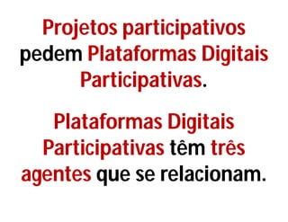 Projetos participativos
pedem Plataformas Digitais
Participativas.
Plataformas Digitais
Participativas têm três
agentes que se relacionam.
 