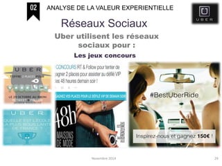 Novembre 2014 29
Réseaux Sociaux
ANALYSE DE LA VALEUR EXPERIENTIELLE
Uber utilisent les réseaux
sociaux pour :
Les jeux concours
 