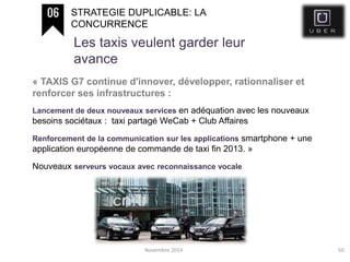 Novembre 2014 50
STRATEGIE DUPLICABLE: LA
CONCURRENCE
Les taxis veulent garder leur
avance
« TAXIS G7 continue d'innover, développer, rationnaliser et
renforcer ses infrastructures :
Lancement de deux nouveaux services en adéquation avec les nouveaux
besoins sociétaux : taxi partagé WeCab + Club Affaires
Renforcement de la communication sur les applications smartphone + une
application européenne de commande de taxi fin 2013. »
Nouveaux serveurs vocaux avec reconnaissance vocale
 