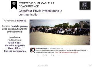 Novembre 2014 52
STRATEGIE DUPLICABLE: LA
CONCURRENCE
Chauffeur-Privé: Investit dans la
communication
Payement à l'avance
Service haut de gamme
avec des chauffeurs très
professionnels
Nombreux
Partenariats :
Ellite model
Michel et Augustin
Merci Alfred
Soirées parisiennes
 