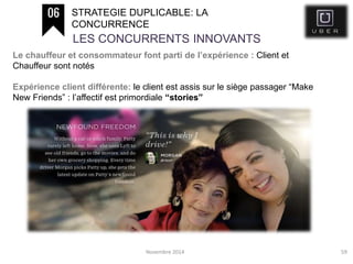 Novembre 2014 59
STRATEGIE DUPLICABLE: LA
CONCURRENCE
LES CONCURRENTS INNOVANTS
Le chauffeur et consommateur font parti de l’expérience : Client et
Chauffeur sont notés
Expérience client différente: le client est assis sur le siège passager “Make
New Friends” : l’affectif est primordiale “stories”
 