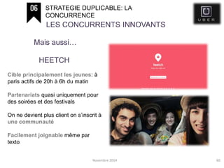 Novembre 2014 60
STRATEGIE DUPLICABLE: LA
CONCURRENCE
LES CONCURRENTS INNOVANTS
Mais aussi…
HEETCH
Cible principalement les jeunes: à
paris actifs de 20h à 6h du matin
Partenariats quasi uniquement pour
des soirées et des festivals
On ne devient plus client on s’inscrit à
une communauté
Facilement joignable même par
texto
 