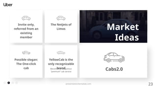 23
presentationstemplate.com
Market
Ideas
Invite only,
referred from an
existing
member
The NetJets of
Limos
Possible slogan:
The One-click
cab
YellowCab is the
only recognizable
brand
Cabs2.0
Become the ubiquitous
“premium” cab service
 