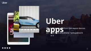 Uber
apps
1-Click request from Geo-aware devices
SMS from any phone: "pickup@work
in 5
8
 