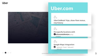 9
presentationstemplate.com
Uber.com
UberCebBook Trips, show Fleet status,
trip history
Pre-specify locations with
labels+coordinates
To enable easy texting of pickup
locations
Google Maps integration
Latlong for "home", "bob-work",
"alice-apt
 